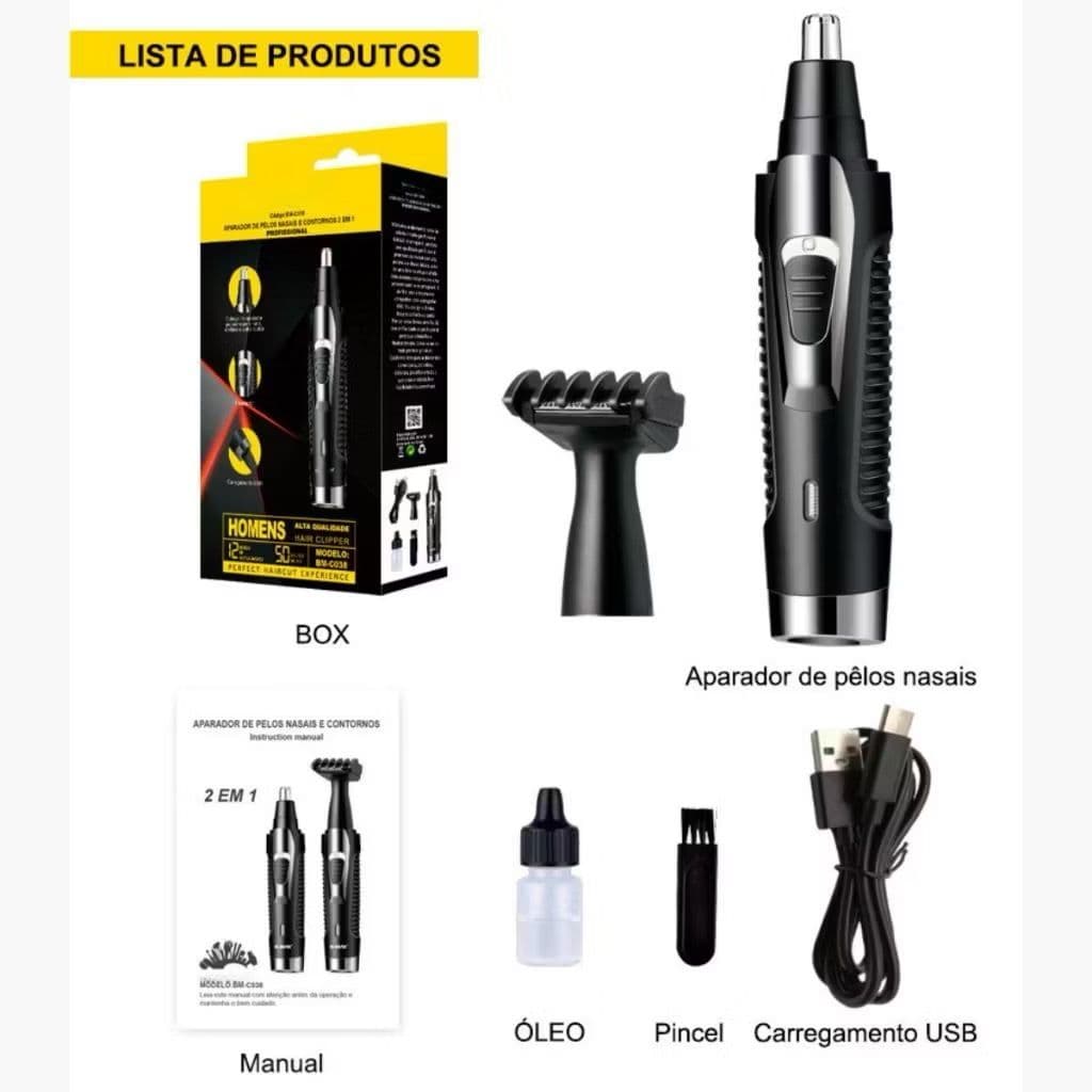 Aparador Elétrico B-MAX 2 em1 Aparador de Pelos Nasais e Contornos Profissional