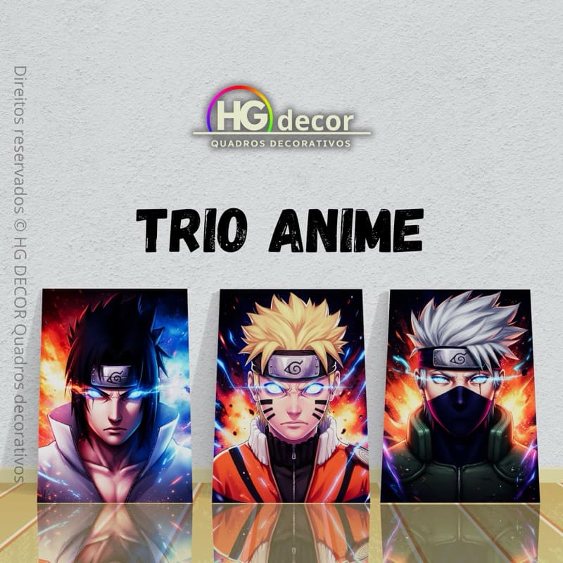 Kit Trio Naruto Shippuden | Naruto, Sasuke e Kakashi | Quadros Decorativos Otaku Geek