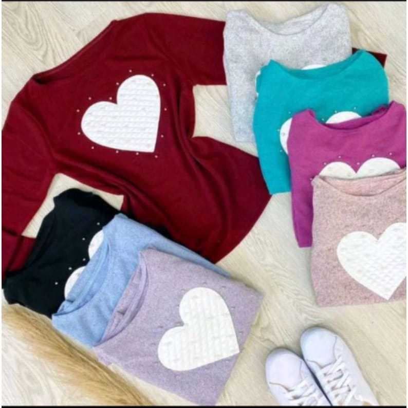 Blusa feminine de frio coração com aplique e pérolas moda outono inverno