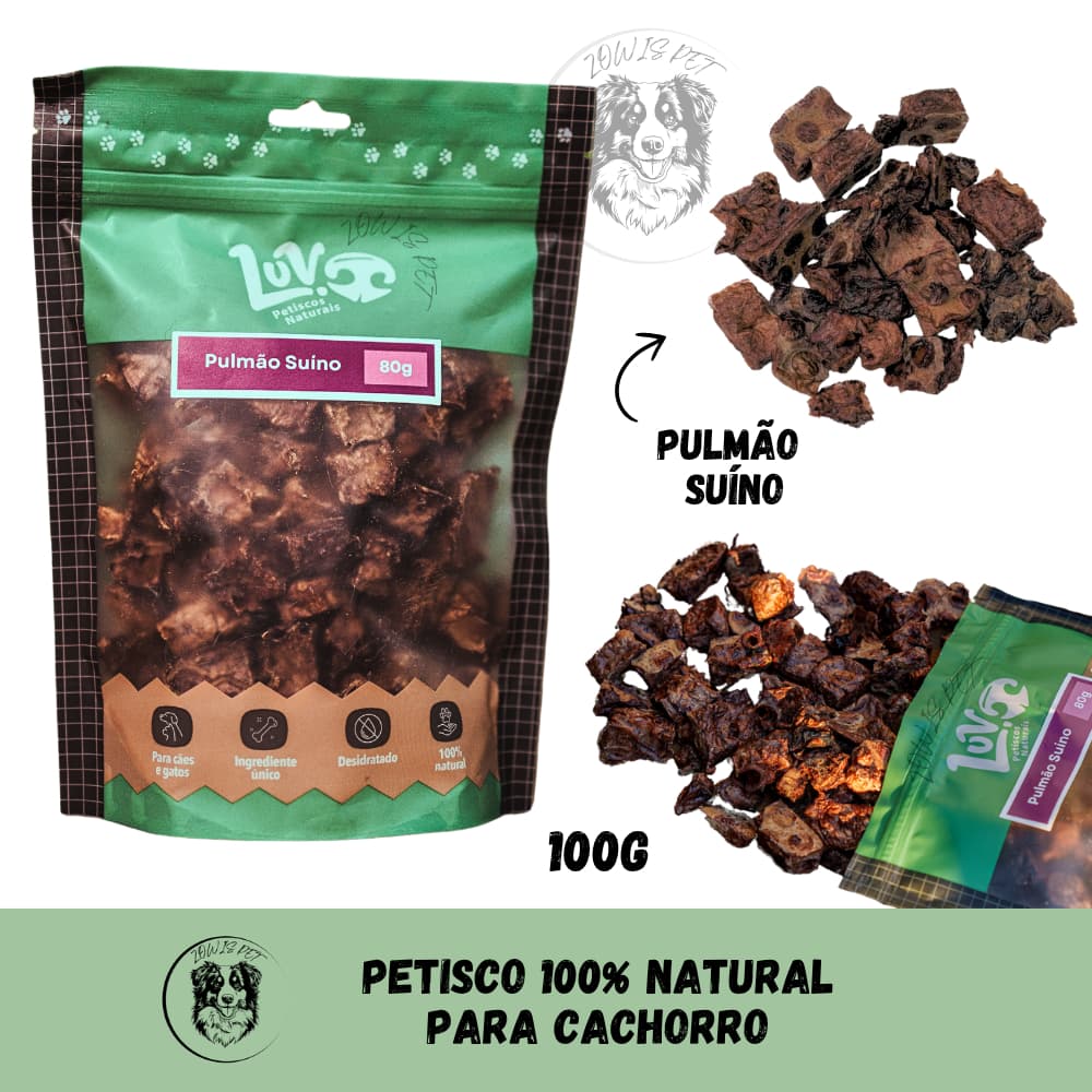 Petisco Natural Pulmão Suíno de Porco Desidratado 100g Cães e Gatos Luv Petiscos 100% Naturais