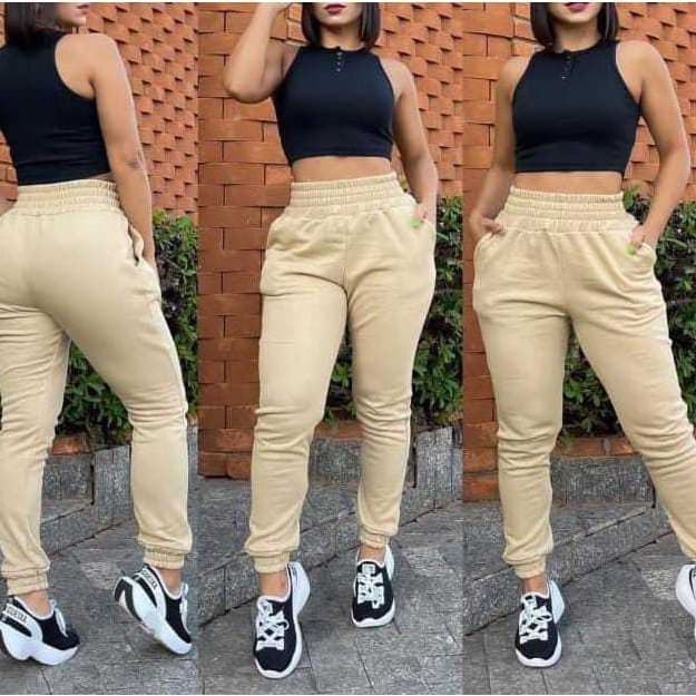 Calça Jogger Moletom Feminina  Confortável Casual cintura alta bolso na lateral peluciado