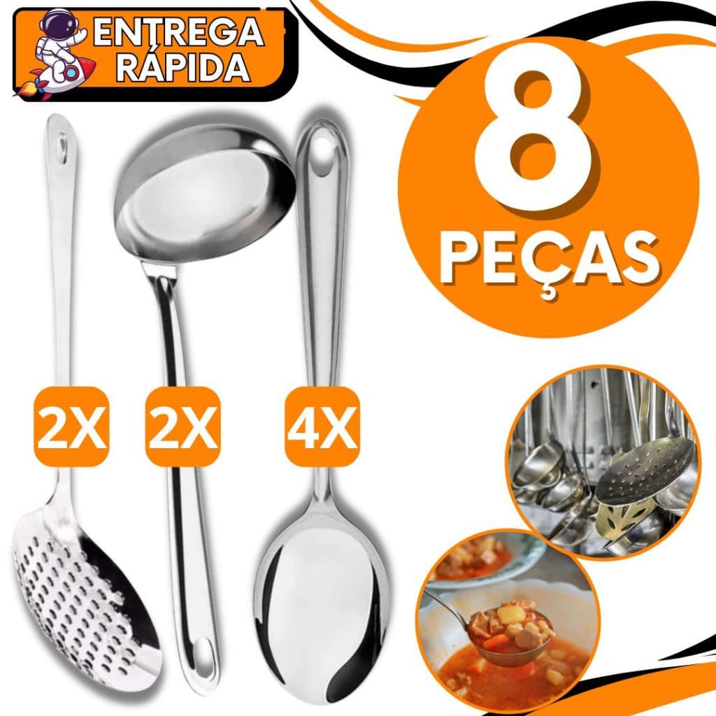 KIT 8  2-Concha 2-Escumadeira 4-Colher Servir Caldos fritura Feijão Arroz Resistente Aço Inox Escoa Coa Serve Pega Caldo
