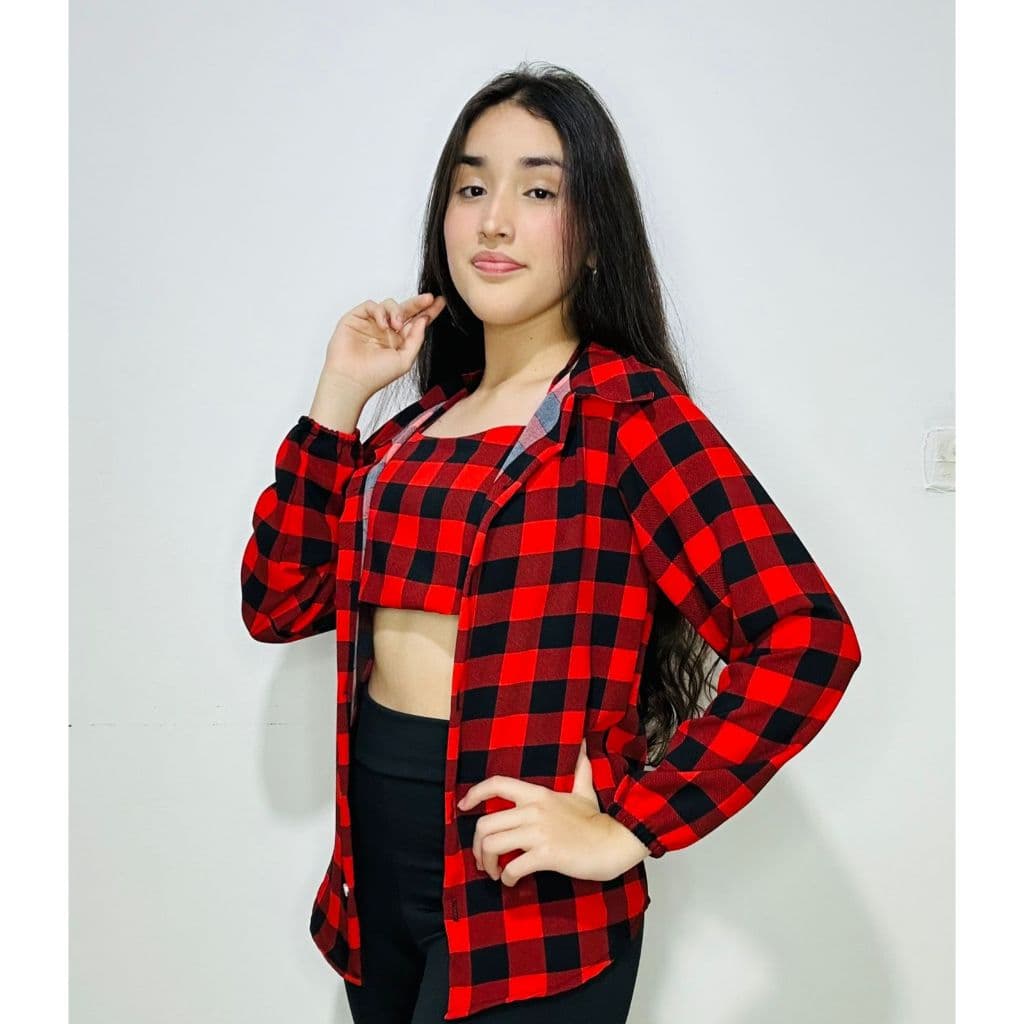 Conjunto Juvenil Feminino Cropped e Camisa Xadrez