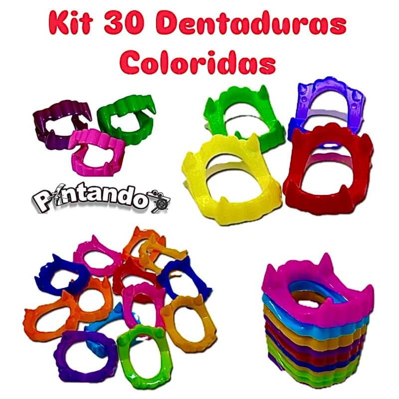 Kit 30 Dentaduras Coloridas Vampiro Halloween Brinquedo Lembrancinha Festa Infantil
