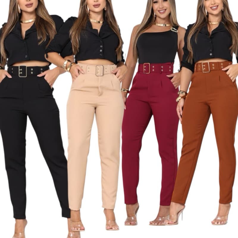Calça Feminina Social Alfaiataria com Cinto Cintura Alta Com Bolso  Moda Elegante Luxo Premium