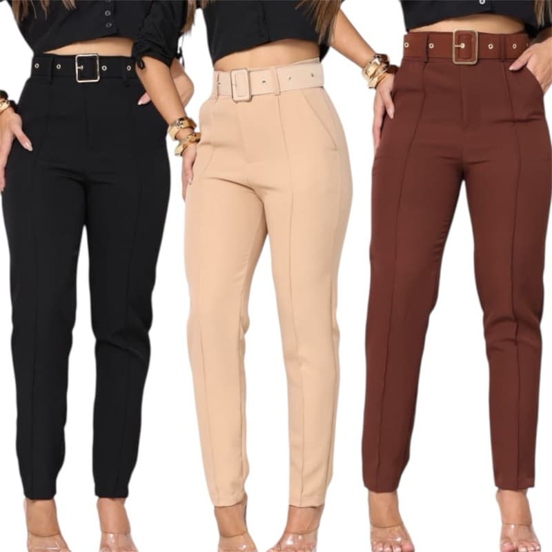 Calça  Alfaiataria Feminina Social Com Cinto Casual Elegante Cintura Alta Com Ziper na frente