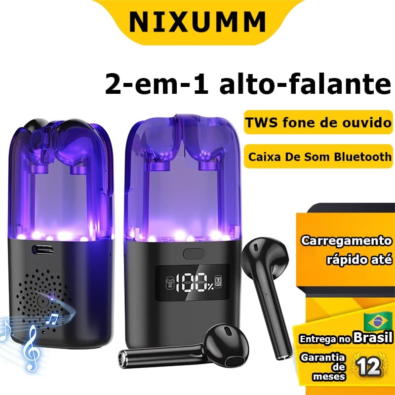 NIXUMM Fone de Ouvido Sem Fio 2 em 1 TWS fone de ouvido + Caixa De Som Bluetooth Bluetooth 5.0 Pop-Up para iOS e Android