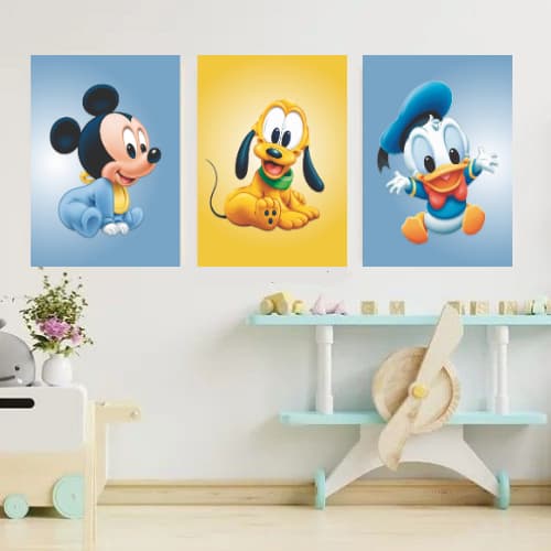 Trio de quadro infantil Mickey e Amigos, Minnie, Margarida, Pateta, Pato Donald, versao baby | MDF