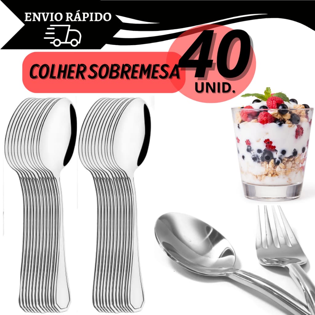 Kit 40 Colher de Sobremesa Inox para Doces Sorvete Buffet Restaurante Sorveteria Refeições Docerias