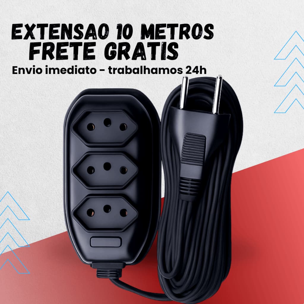 Extensão Elétrica 10 Metros 110/220v Bivolt Tripolar Cor Preta Resistente / Não Derrete / 3 Entradas