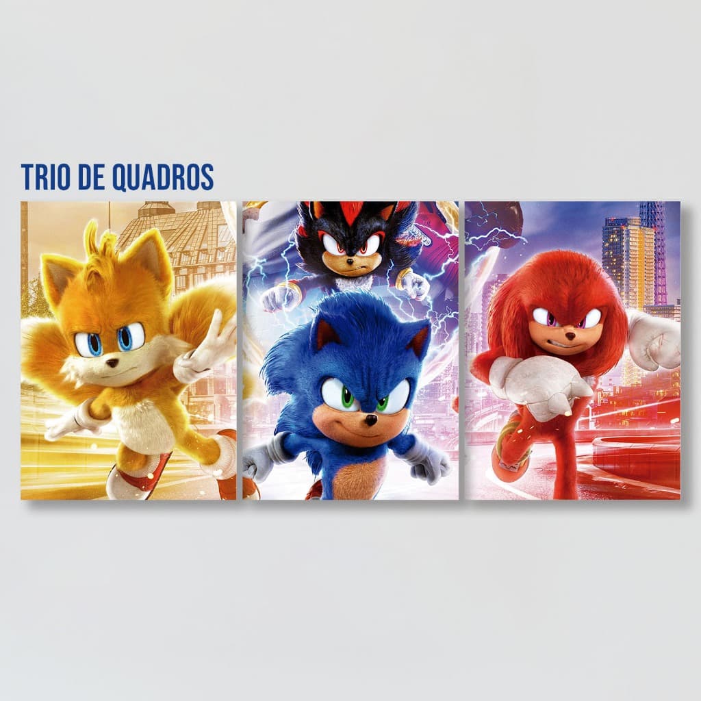Trio de quadros infantis Sonic e Amigos, Shadow, Knowcles | MDF