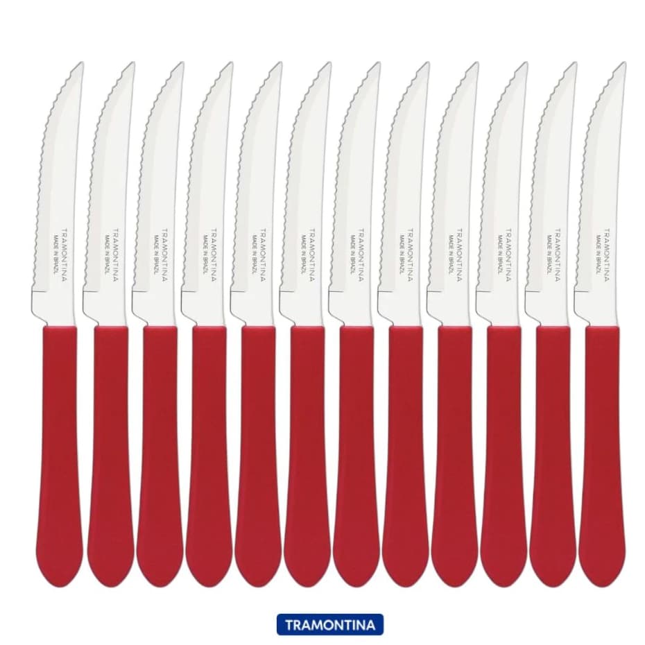 FACAS PARA CHURRASCO TRAMONTINA LEME COM LÂMINA EM AÇO INOX E CABO DE POLIPROPILENO VERMELHO 4"