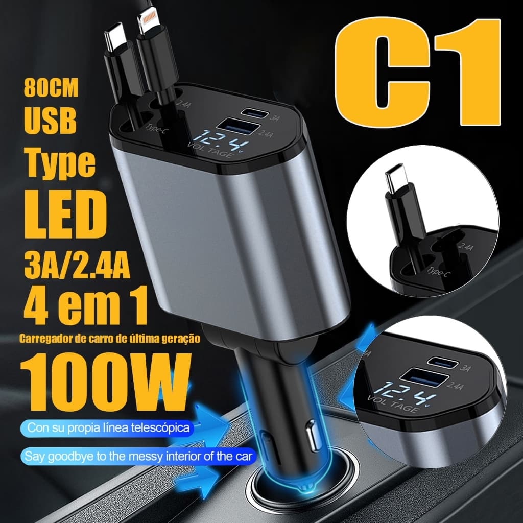 Carregador retrátil universal 4 em 1 para carro, carregamento super rápido, acendedor de cigarros, luz do céu estrelado