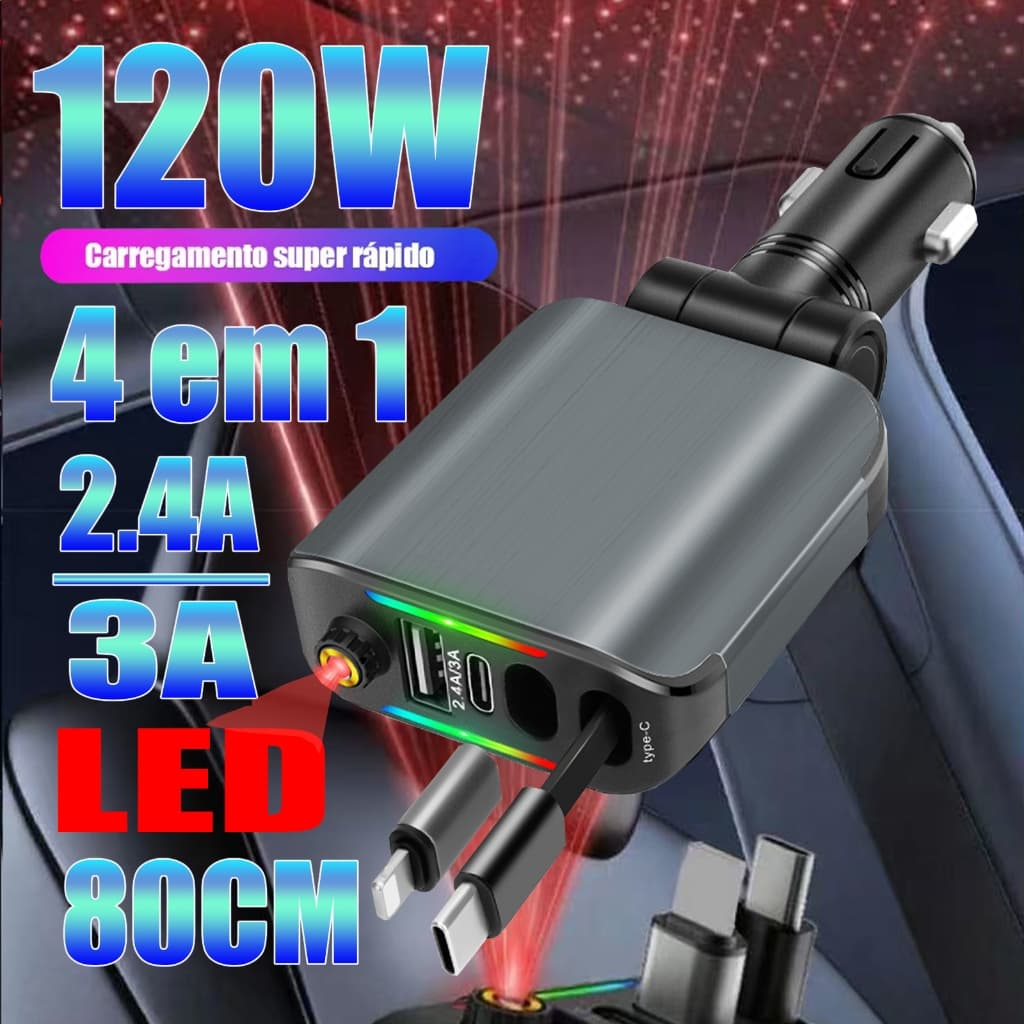 Carregador de carro 120W USB/IOS/TYPE-C Adaptador de carro USB 4 em 1 com carregador LED Super Turbo