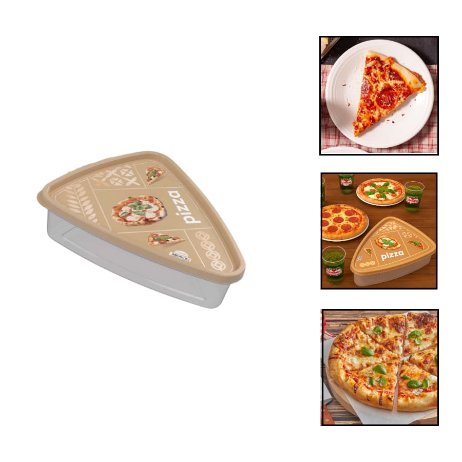 Pote Porta Fatia Pizza 1,2L Triangular Decorado Plástico Plasútil Tampa Pressão Clic