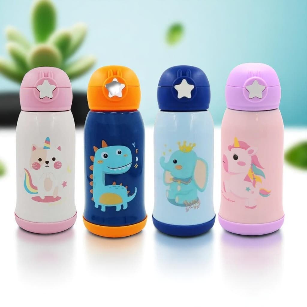 Garrafa Térmica Infantil com Canudo de Silicone e Trava Escolar Inox Estampa de Animais