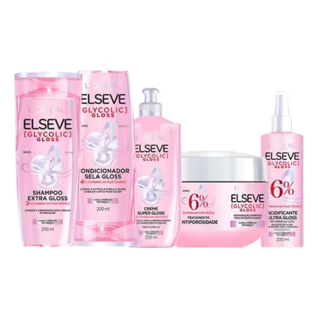Linha Completa Glycolic Gloss 200ml Com Acidificante Ultra Elseve
