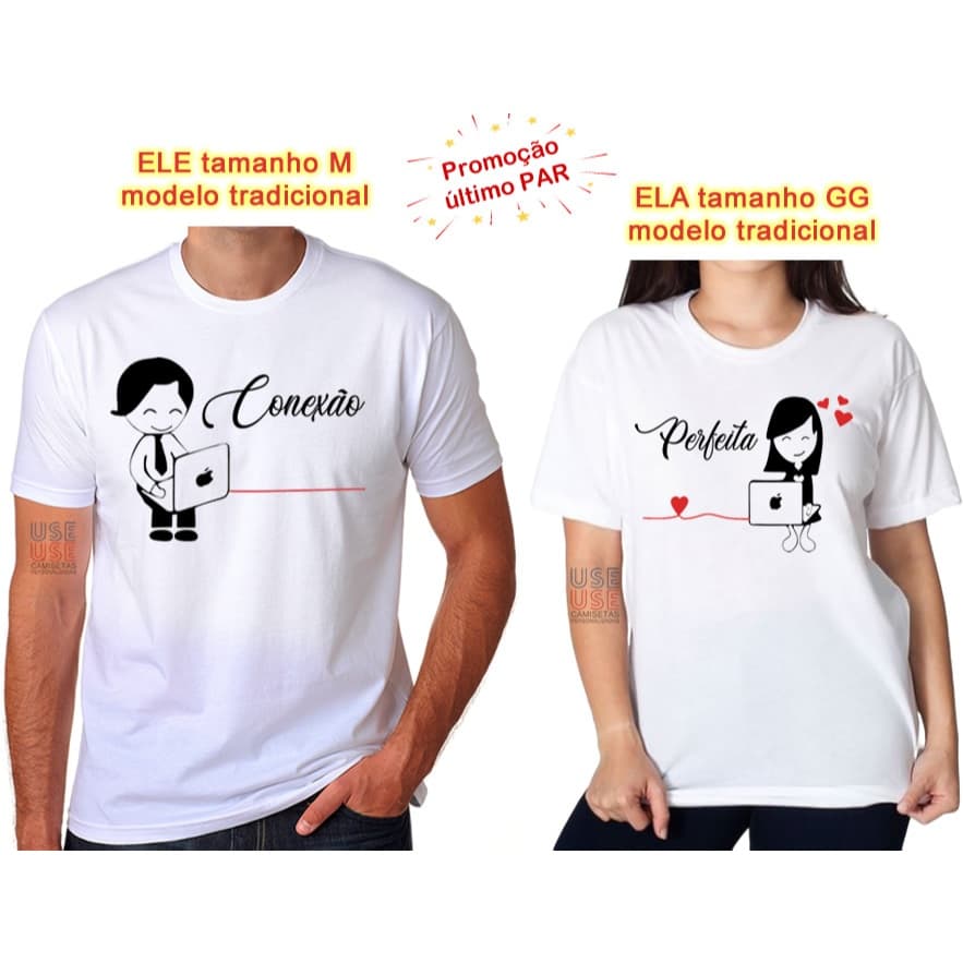2 Camisetas Branca para Casal Namorados com estampa Conexão Perfeita modelo tradicional unissex