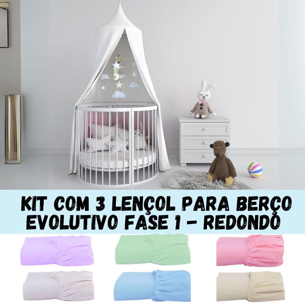 KIT COM 3 LENÇOL PARA BERÇO EVOLUTIVO REDONDO FASE 1 100% ALGODÃO IDEAL A TODAS AS MARCAS
