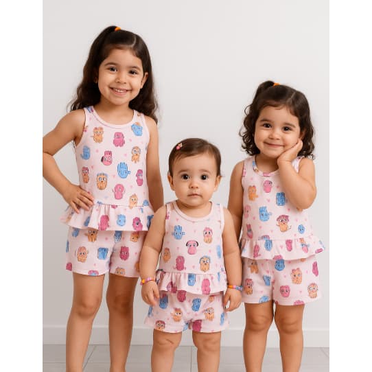 Conjunto blusa e short infantil menina verão gato e cachorro