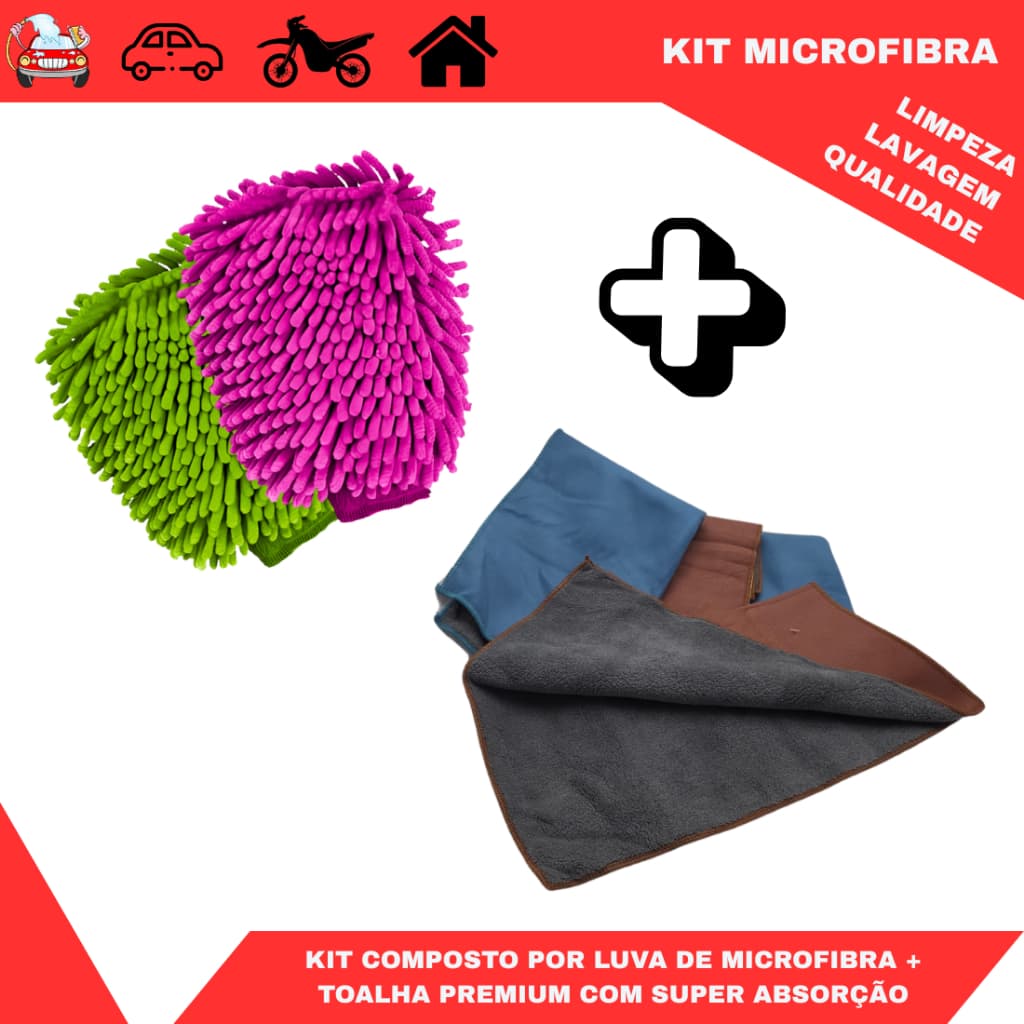 Kit Limpeza Carro: Luva Microfibra + Toalha Premium Super Absorvente