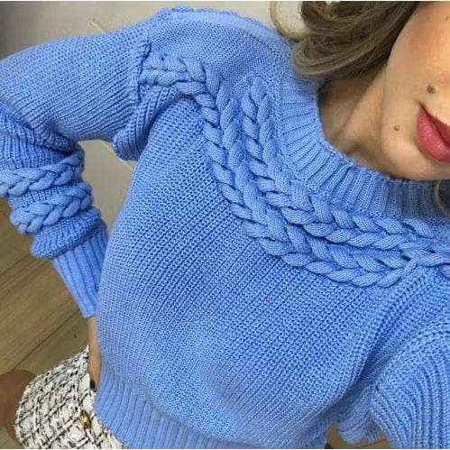 Blusa Feminina Tricôt Manga Longa com Trança Inverno Tendência Blogueira.