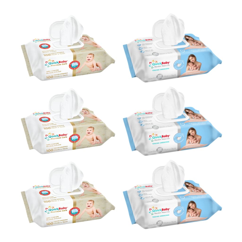 Kit Misto 600 Folhas (6undX100fls) Toalha Umedecida Quick Baby - Premium e Recém Nascido