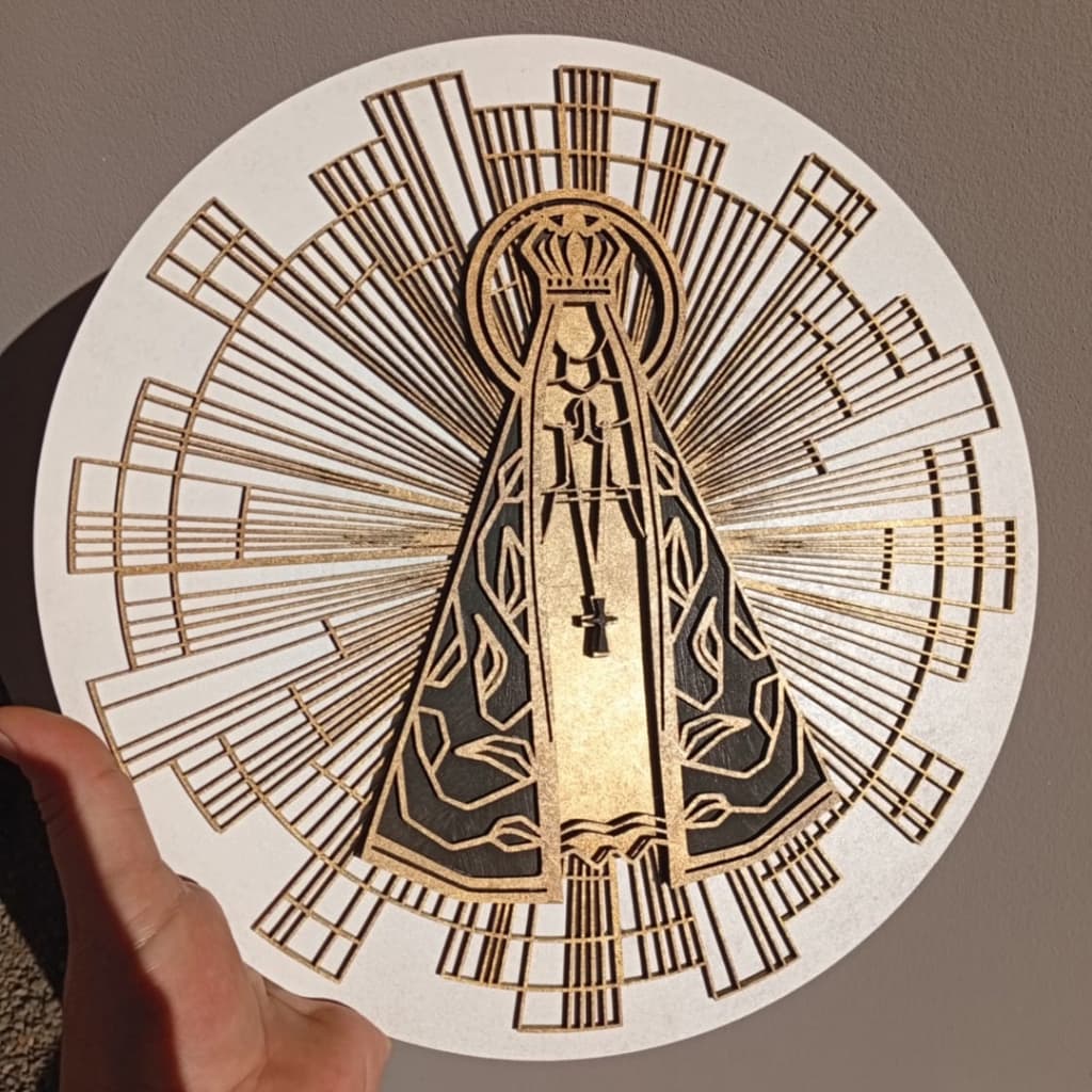 Quadro Decorativo Vazado 3D Religioso Nossa Senhora Escultura de Parede MDF 4 camadas Alto Relevo Preto e Dourado