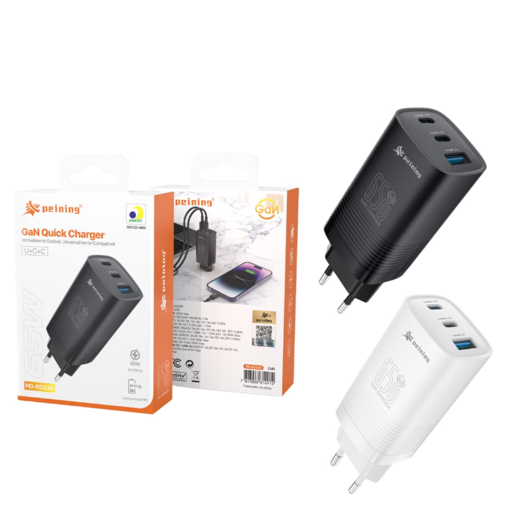 Carregador USB-C 65W PEI-PD330 Bivolt Power Delivery Proteção Contra Sobrecarga