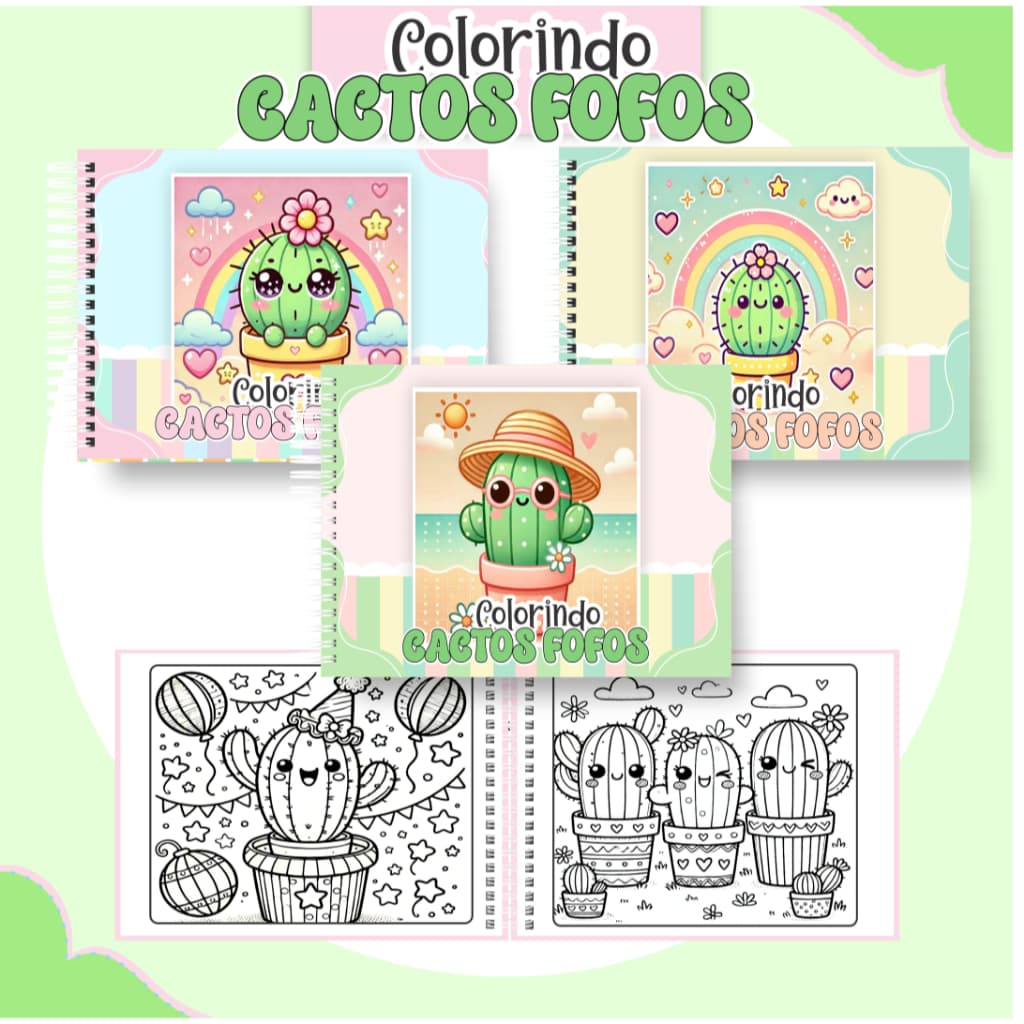 Livro de Colorir Cactos Fofos 50 Folhas 180G Caderno de Desenho Pintura Coloring Book SEM PERSONALIZAÇÃO