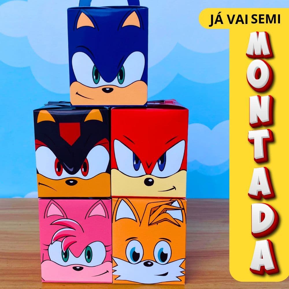 ENVIO RÁPIDO - Caixas Cubo Sonic e Sua Turma com alça Shadow - Knuckles - Tails -  kit festa - lembrancinha Sonic