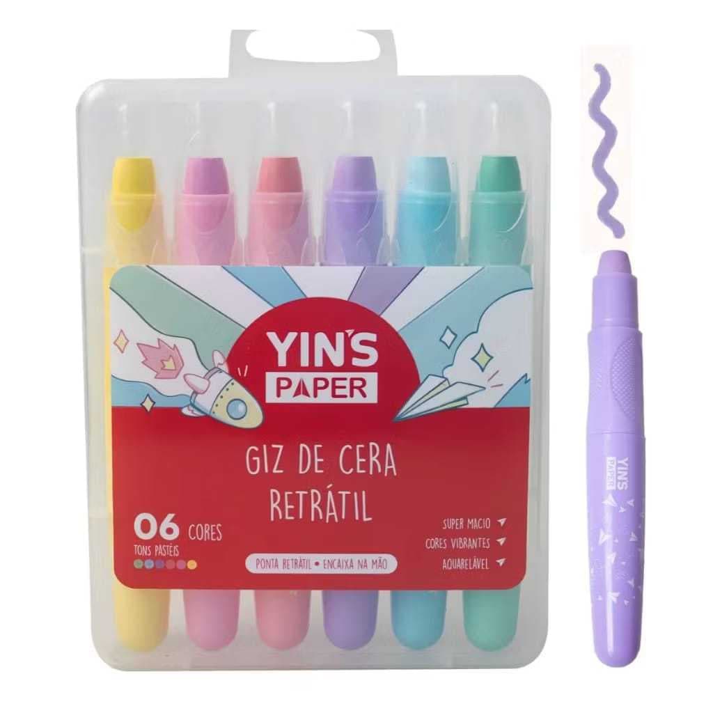 Giz de Cera Gel Retrátil Estojo com 6 Unidades, Macio, lavável e não tóxico, Tons Pasteis
