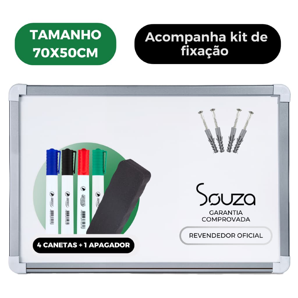 Lousa Quadro Escolar Branco Moldura MDF Aluminizado Souza 4 canetas coloridas apagador