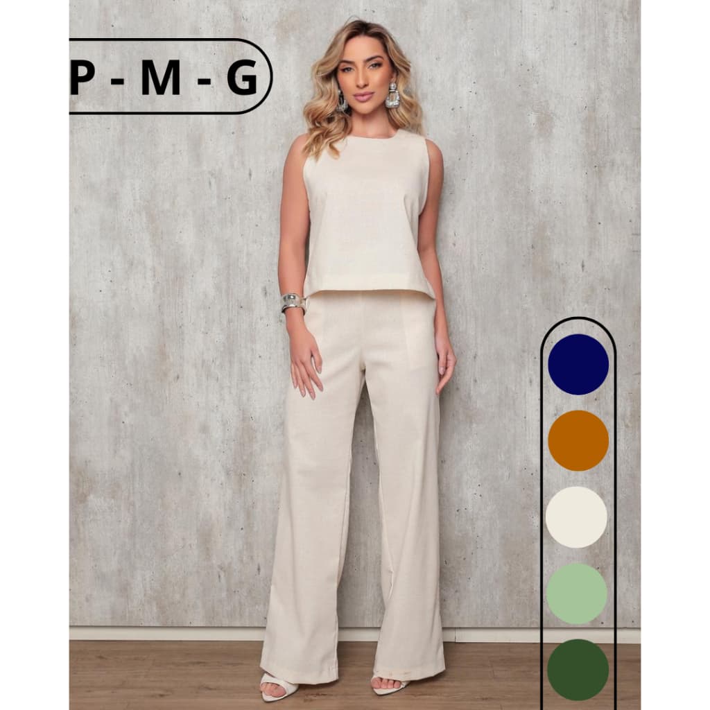 Conjunto Alfaiataria Linho Feminino Calça Pantalona E Regata