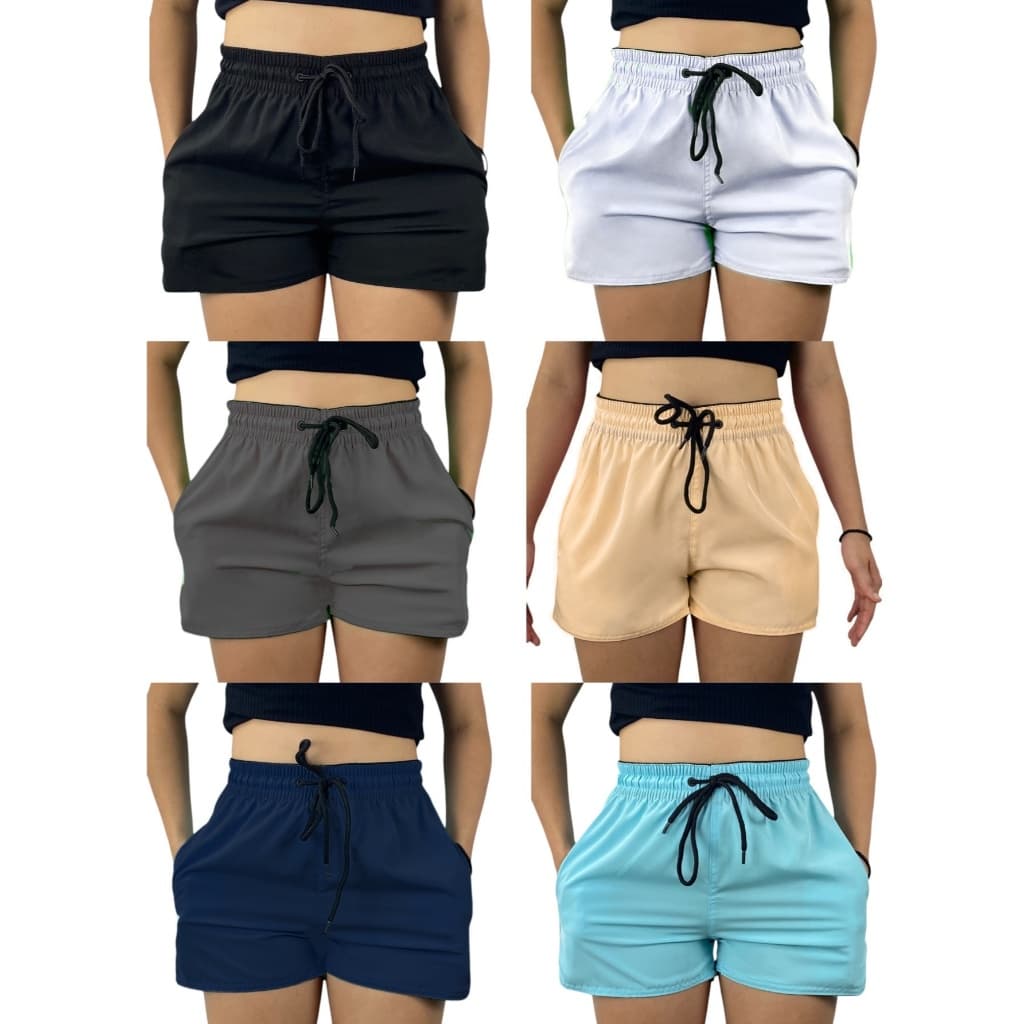 Kit 6 Shorts Feminino Tactel Elastano Treino Praia Com 2 Bolsos lateral