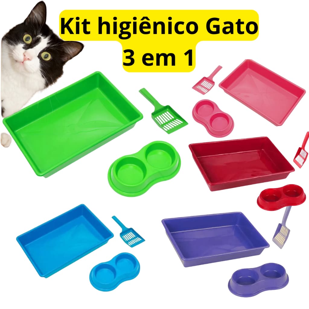 Kit Sanitário Higiênico Completo 3 em 1 Bandeja Caixa de Areia Comedouro Bebedouro Pá Gatos Felinos
