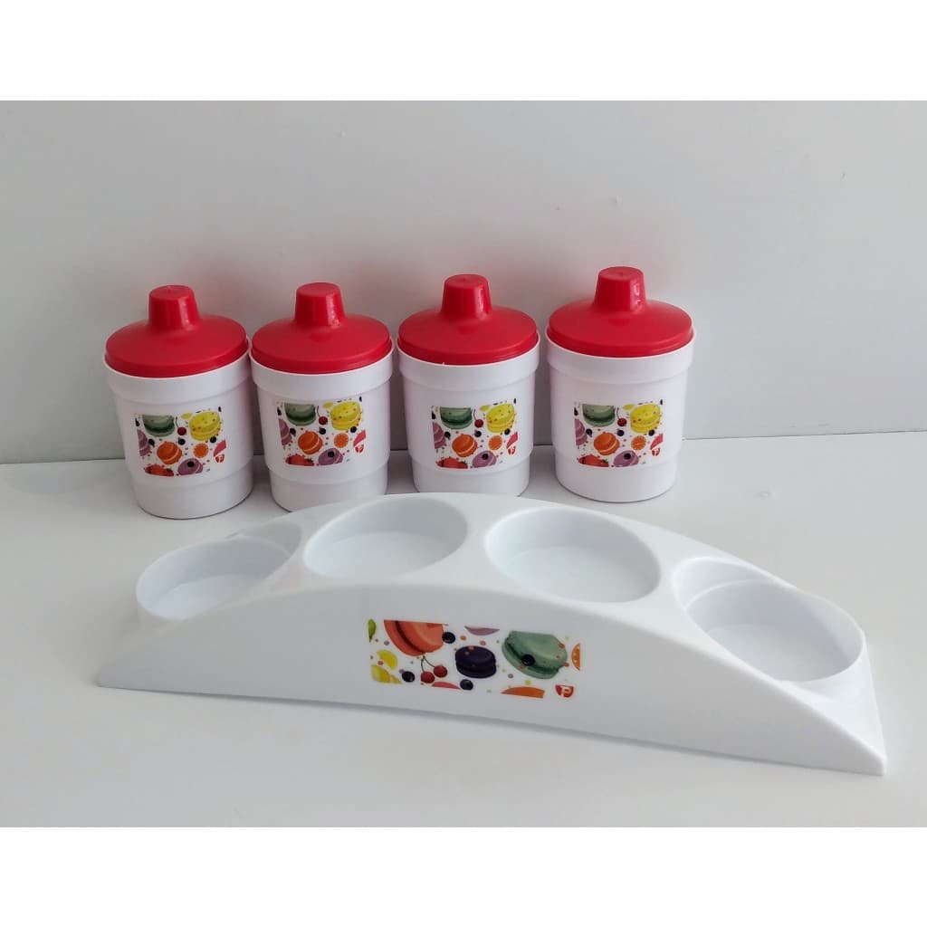 KIT SUPORTE COM 4 MINI POTES 200 ML. BRANCO DEC. ADESIVO TAMPAS COLORIDA PARA TEMPEROS E CONDIMENTOS