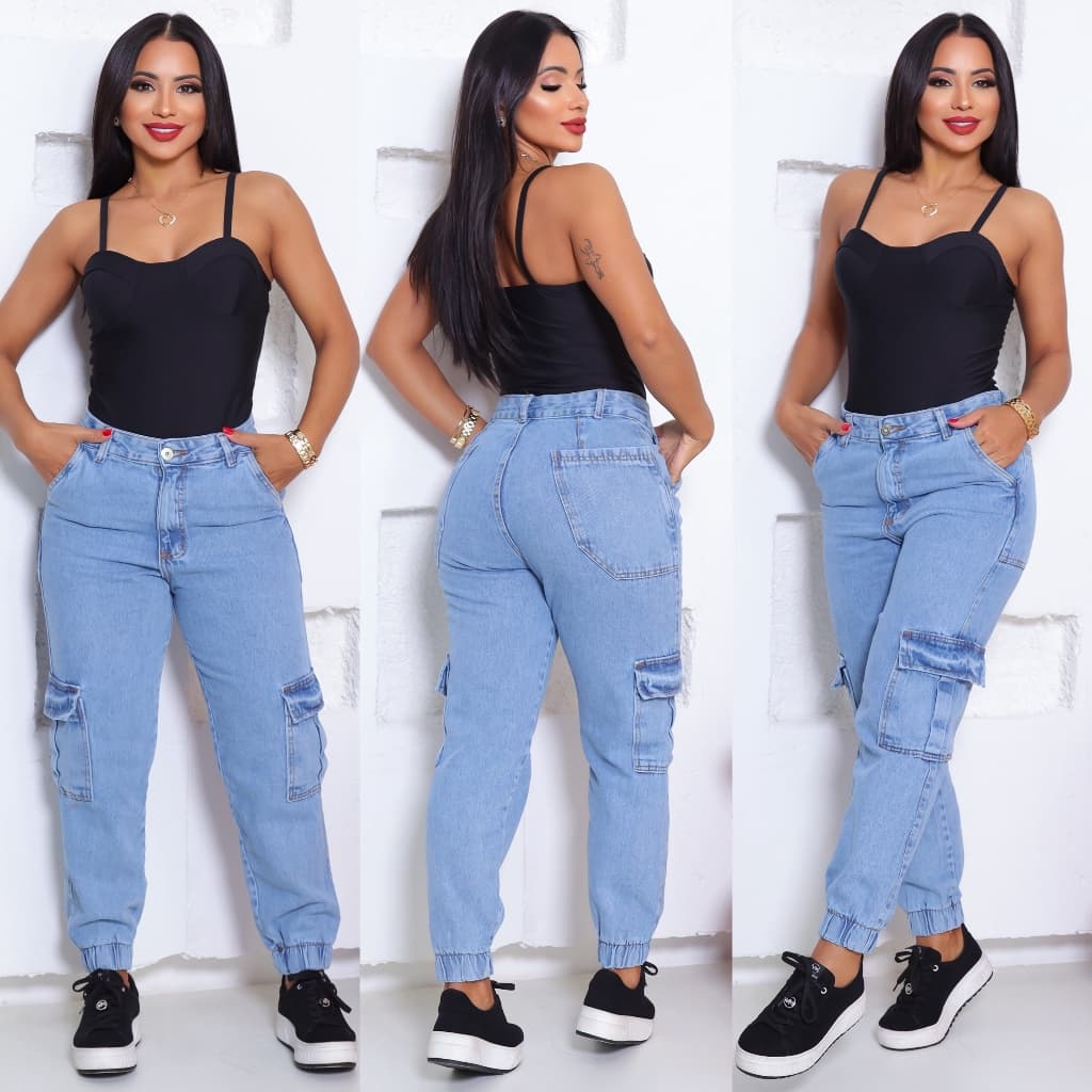 Calça Jeans Jogger Cargo Cintura Alta