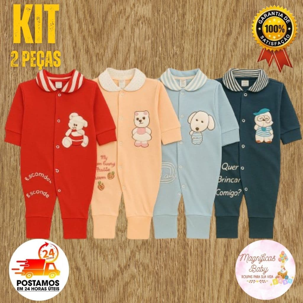KIT 2 MACACÕES para bebê Macacão Bordado Pé Reversível 100% Algodão Suedine