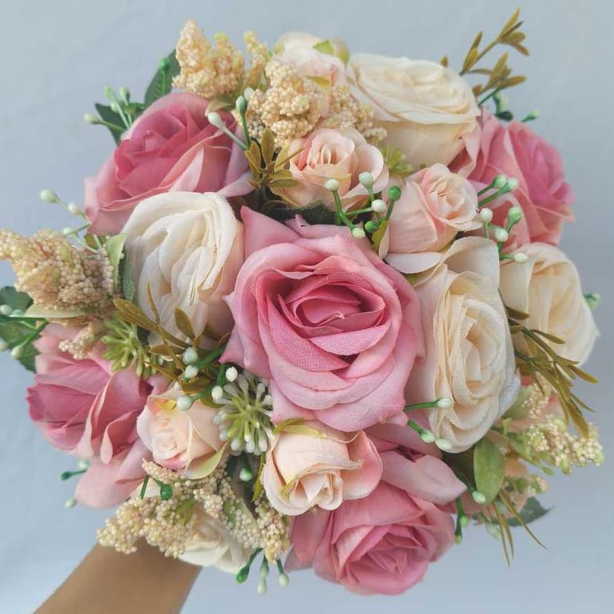 Buque de Noiva na cor Rose e Champanhe feito de Flores Artificiais p/Casamento Civil pré wedding