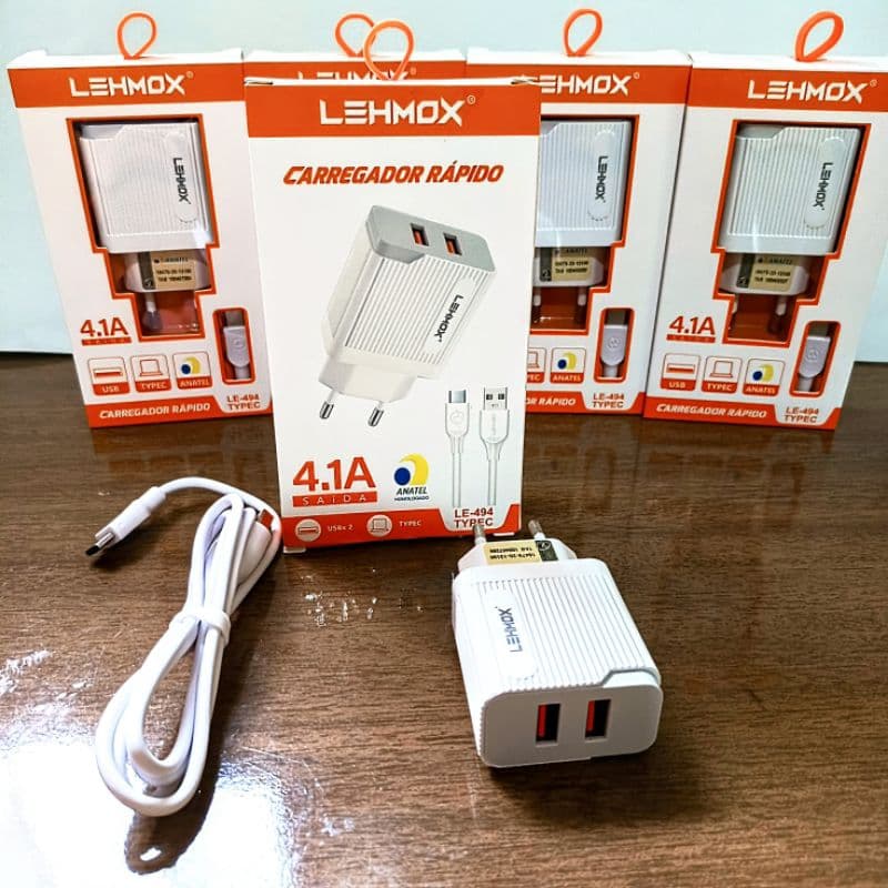 Kit  Carregador 4.1a 2usb Com Cabo LehmoxCarregador Rapido 4,1a Tipo-C LEHMOX  -494