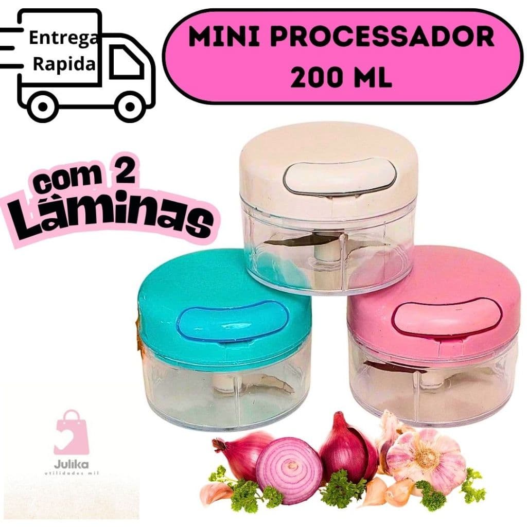 Triturador Processador Manual Mini 200 ML 2 Lâminas Ideal Para Alho Temperos Alimentos