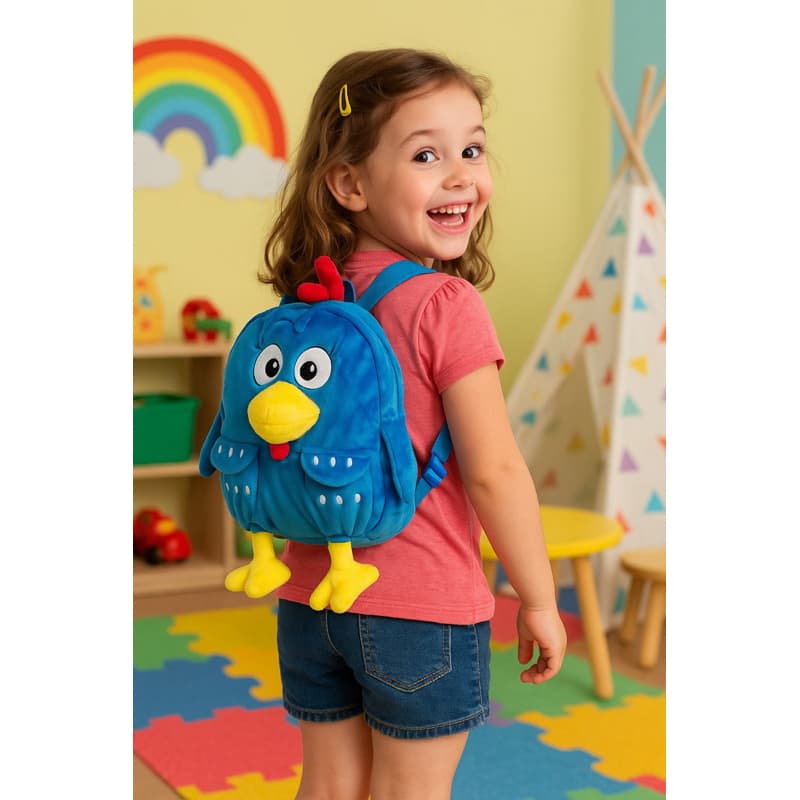 Mochila Infantil de tecido macio, modelo Galinha Pintadinha. Cor: azul