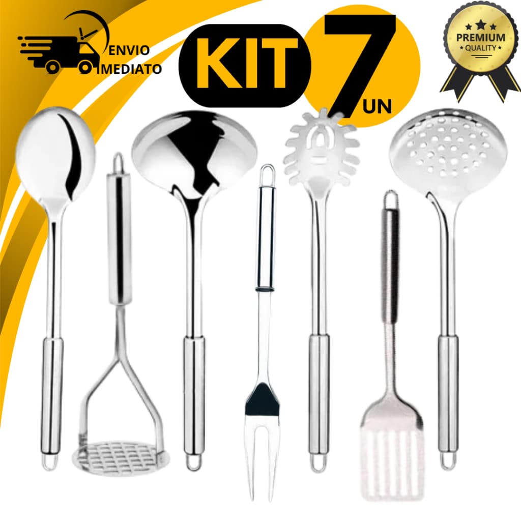 KIT Utensilio Inox Concha Colher Espátula Escumadeira Pegador Amassador de Batata Garfo