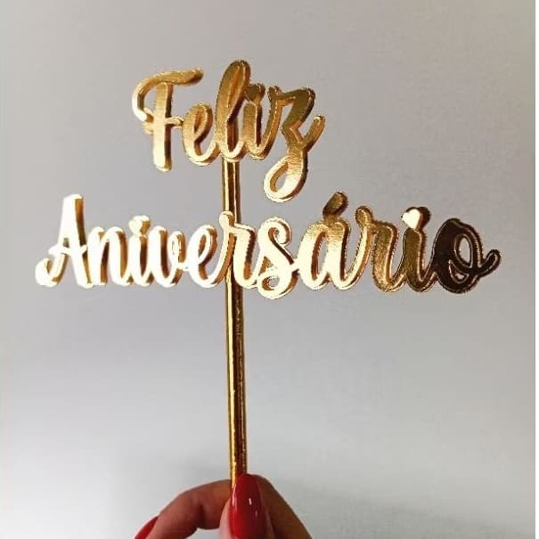 ENVIO IMEDIATO - Topo de bolo Feliz Aniversário Dourado