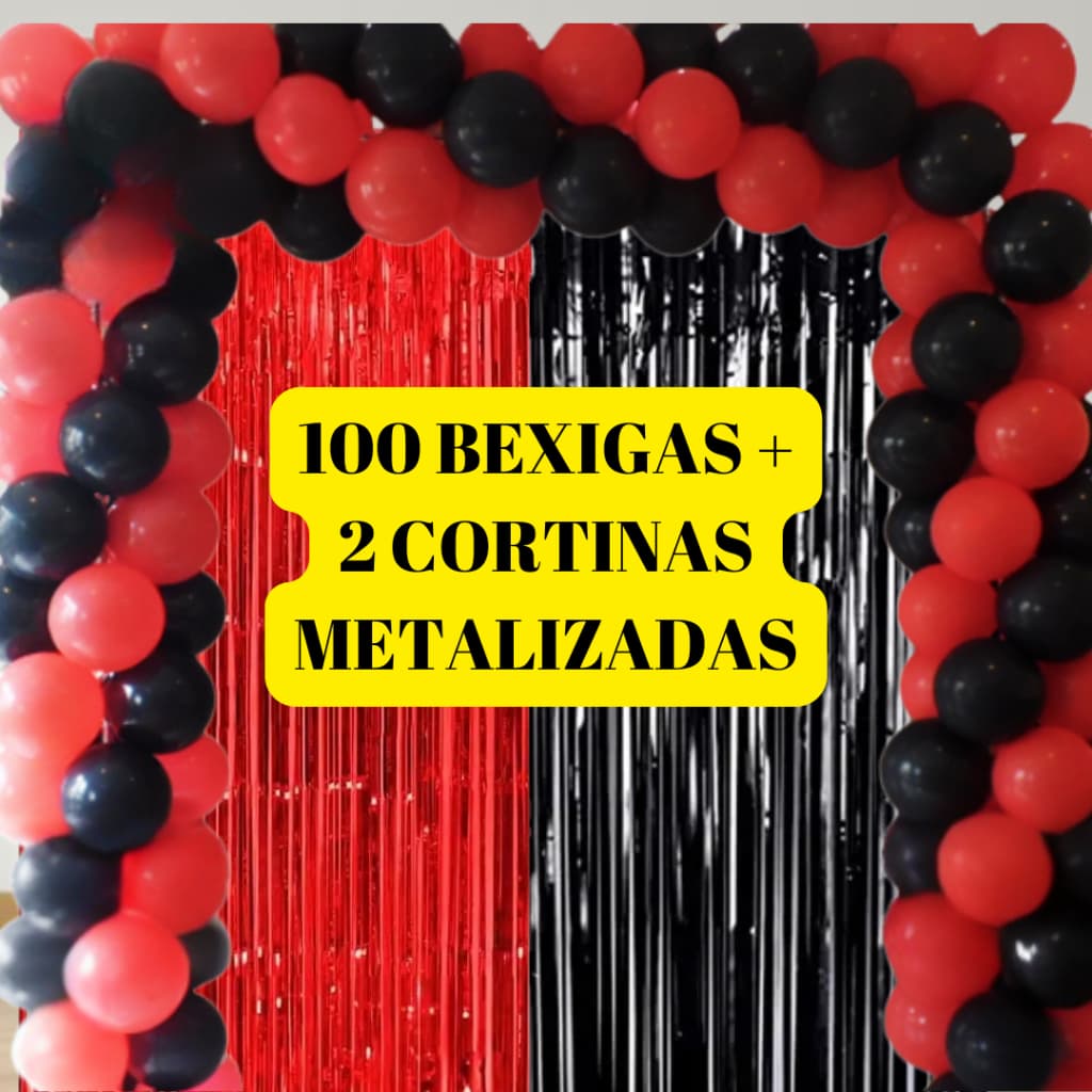 Kit Festa 100Un Bexiga + 2 Cortinas metalizadas Preto e Vermelho Tema Futebol Time Decoração