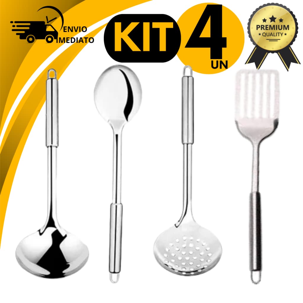 Kit 4 Utensílios Inox Premium Concha Para Feijão Colher de Arroz Escumadeira Espátula Vazada