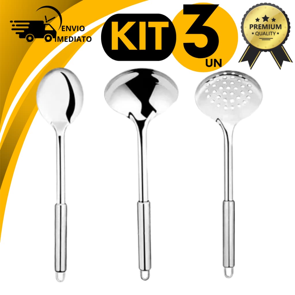 Conjunto de Utensilio Cozinha Inox Colher Concha Escumadeira Servir Profissional