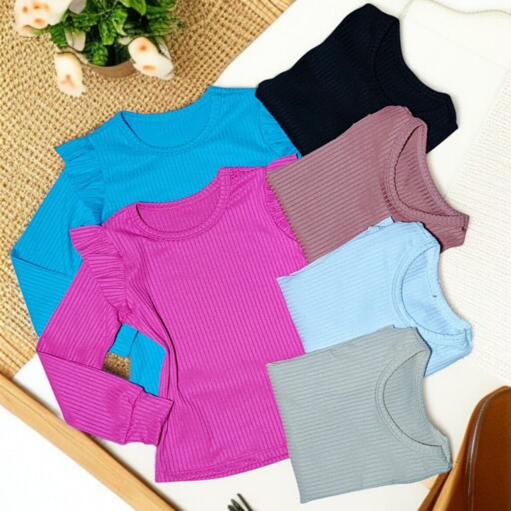 Kit com 3 blusa manga longa babado no ombro infantil menina meia estação ENVIO DE CORES SORTIDAS