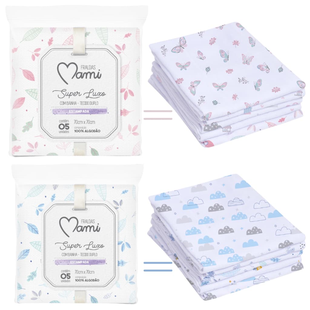 Kit 5 Fralda Pano Bebê Super Luxo Tecido Duplo Macio Bainha Algodão 70 cm x 70 cm